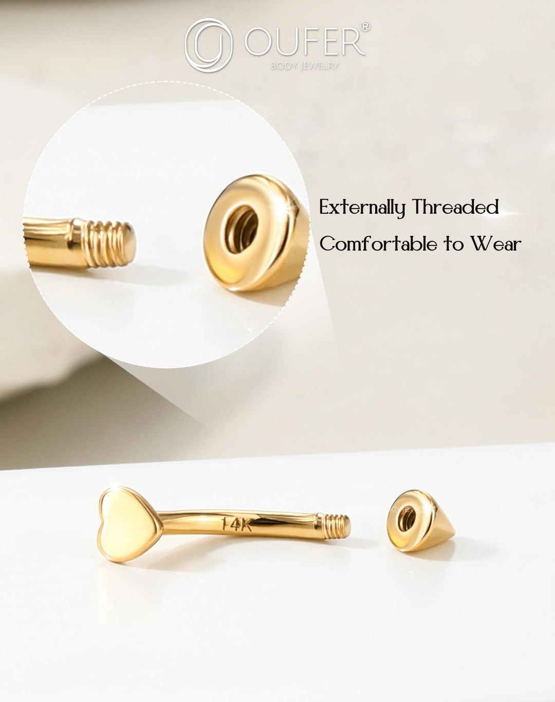 14K Gold Heart Piercing – 1g, Thickness 16G (1.2mm), Length 8mm