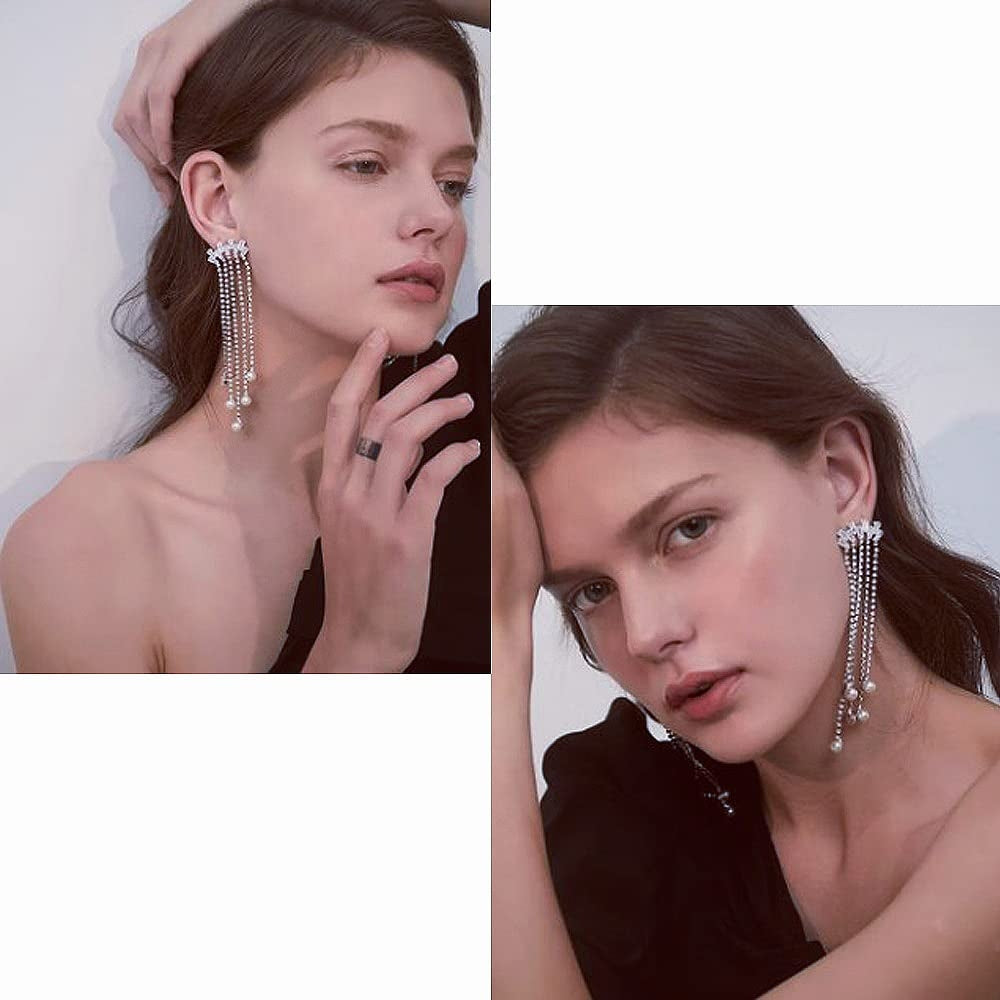 Long earrings with crystals and artificial pearls – elegant model with stud closure, 11 cm