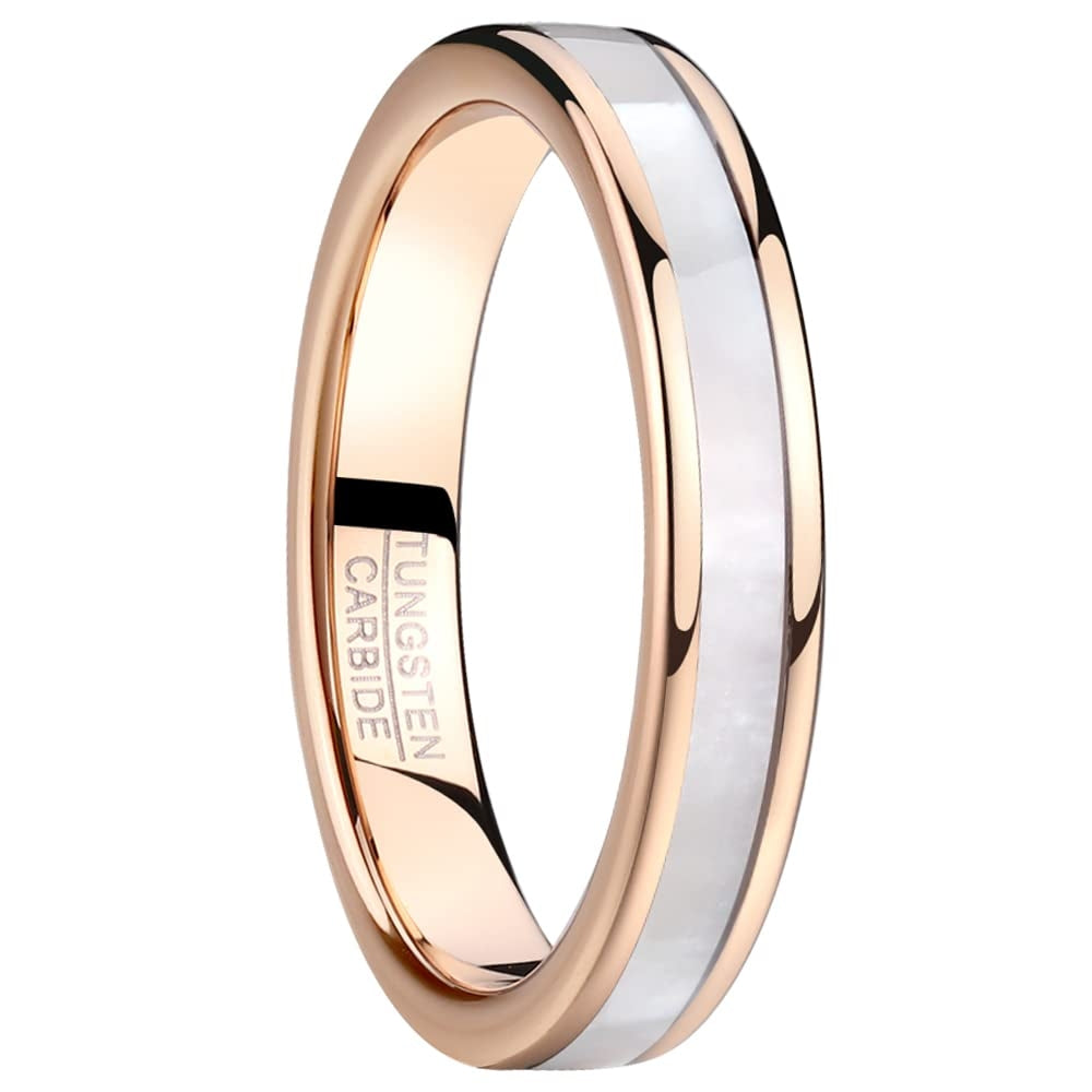 Women's Ring Tungsten 4mm – White Shell Inlay and Shiny Rose Gold Interior (Size 55 / Ø 17.5mm / US 7)