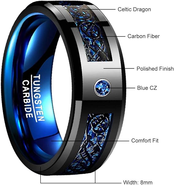Men's Ring with Celtic Dragon - 8mm Blue Bicolor Tungsten with Carbon Fiber and Zirconia