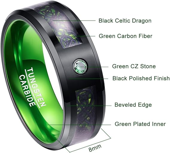 Men's Ring with Celtic Dragon - 8mm Green Bicolor Tungsten with Carbon Fiber and Zirconia
