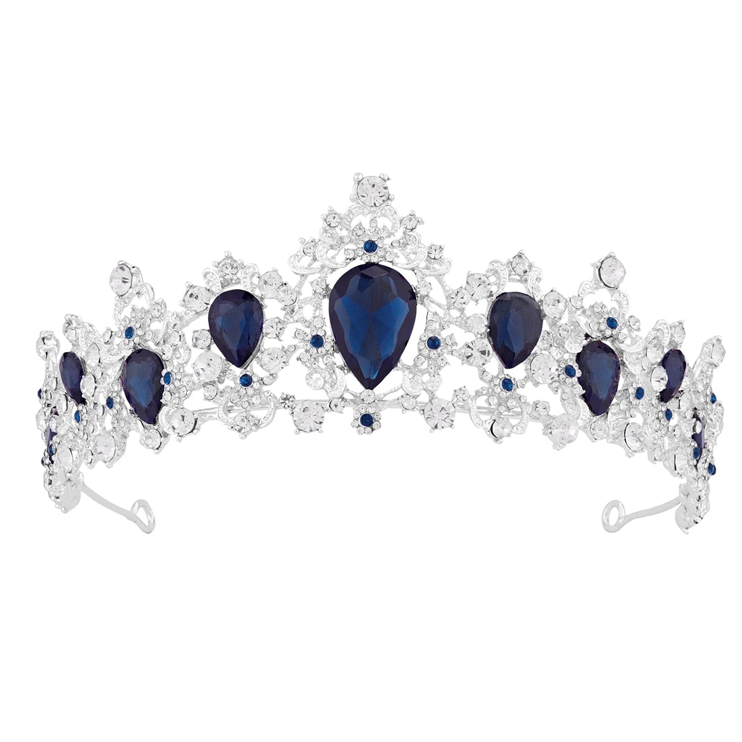 Coroniță tiara argintie cu cristale de culoare safir – model baroc pentru mireasă, regină, petreceri, bal, nuntă, zi de naștere sau costum de prințesă