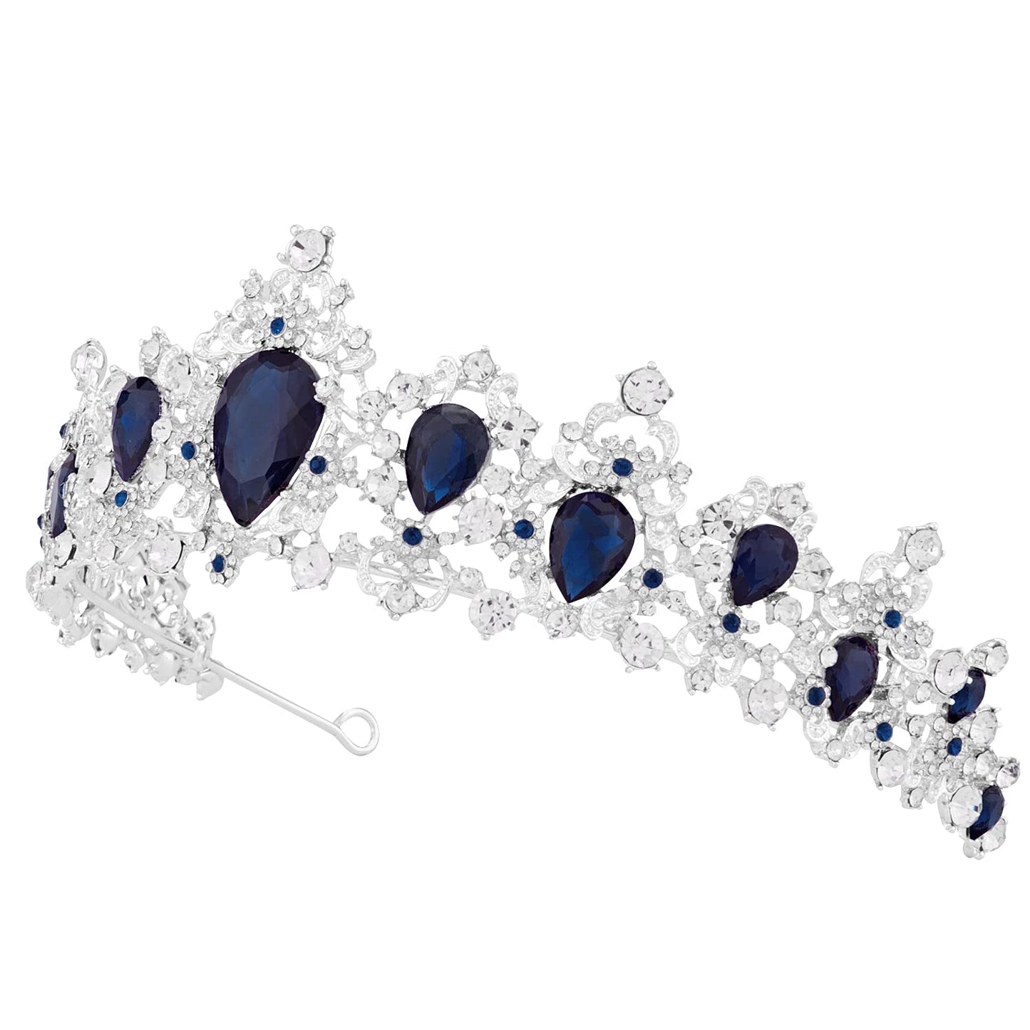 Coroniță tiara argintie cu cristale de culoare safir – model baroc pentru mireasă, regină, petreceri, bal, nuntă, zi de naștere sau costum de prințesă