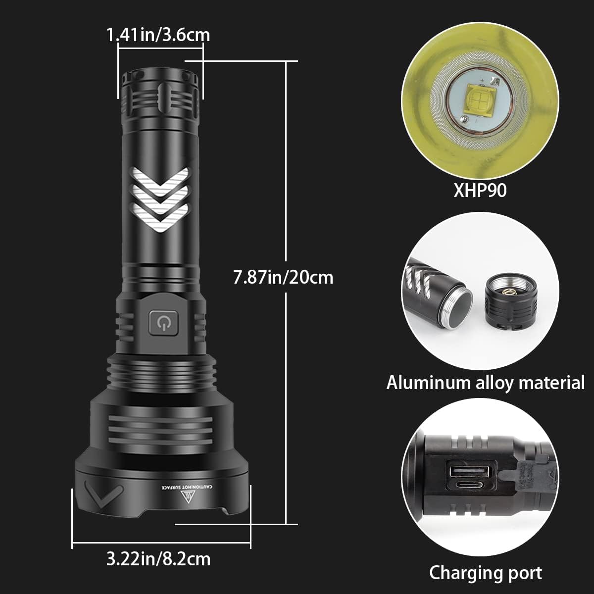 Tactical LED Flashlight XHP90 – 10,000 Lumens, USB, 5 Modes, Waterproof, Battery Included