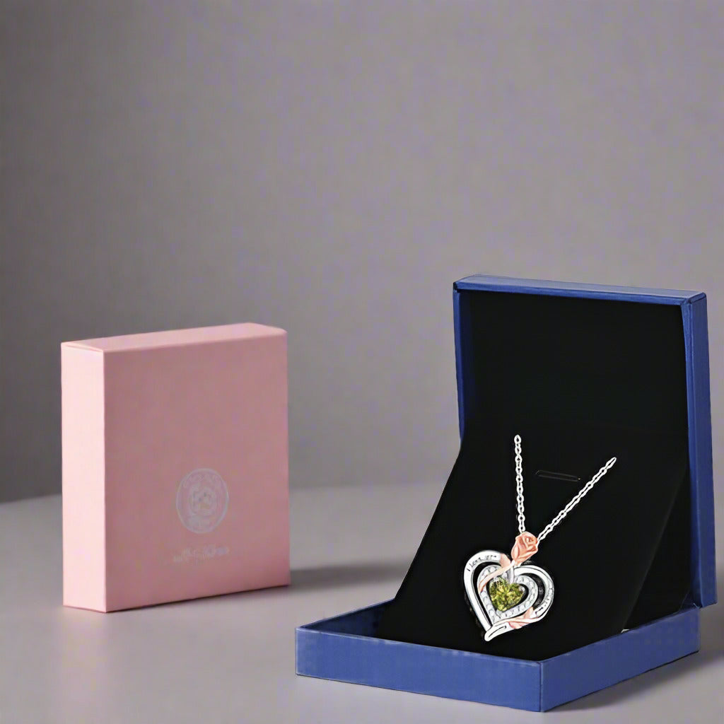 925 Silver Rose Heart Necklace with Green Zirconia