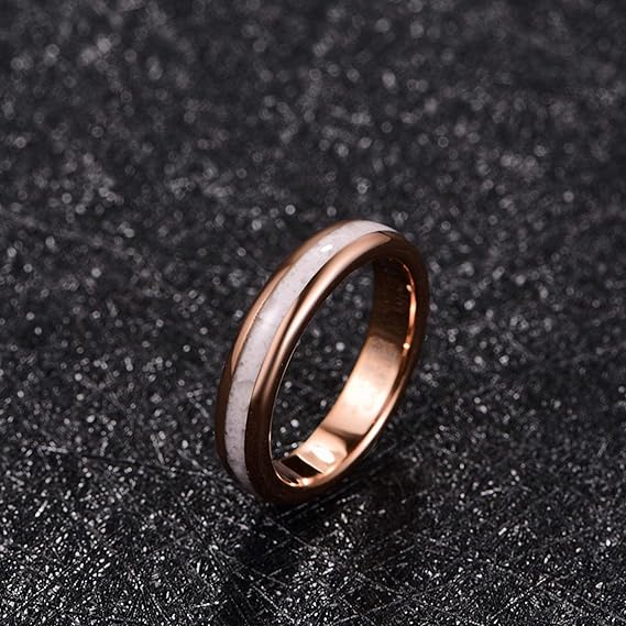 Ladies wedding ring made of tungsten – Rose gold with domed marble inlay and comfortable fit (size 17.5)