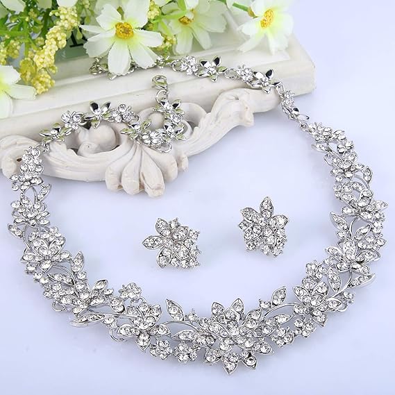 Set Colier și Cercei – Cristale, Design Floral cu Frunze, Argintiu