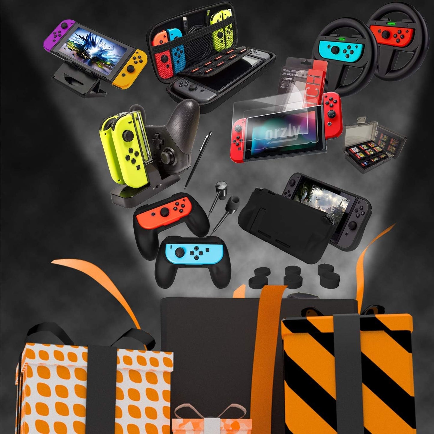 Complete Nintendo Switch Accessory Bundle – Case, Screen Protector, Grips, Racing Wheels, Charging Dock and Comfort Grip Case – JetBlack