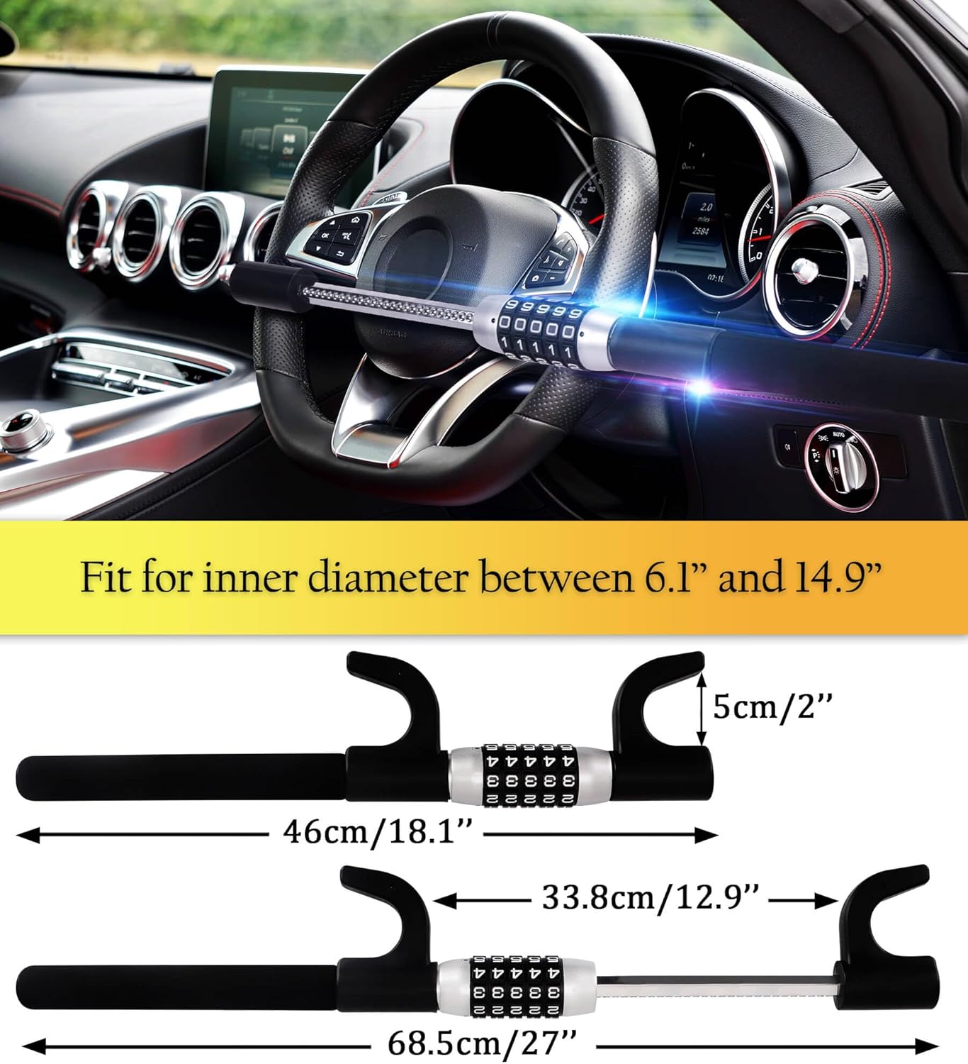 Universal steering wheel lock – anti-theft with numeric code, black color