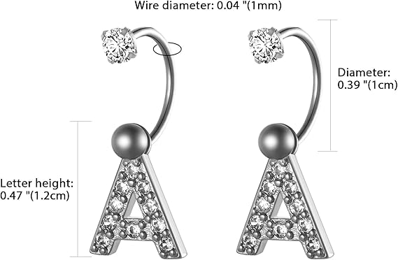 Ladies piercing with initial “S” and zirconia – stainless steel jewelry for nose or ear (cartilage), silver colored