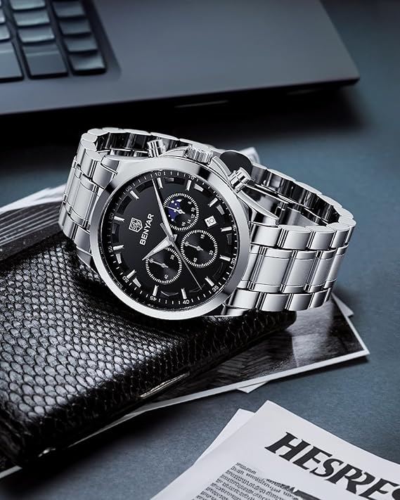 BENYAR men's watch - quartz chronograph, date display, waterproof, stainless steel strap