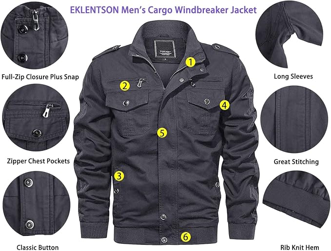 Men's Transition Jacket - Classic Pilot Jacket with Stand-Up Collar, Military Style, Cargo Model with Full Zip, XL