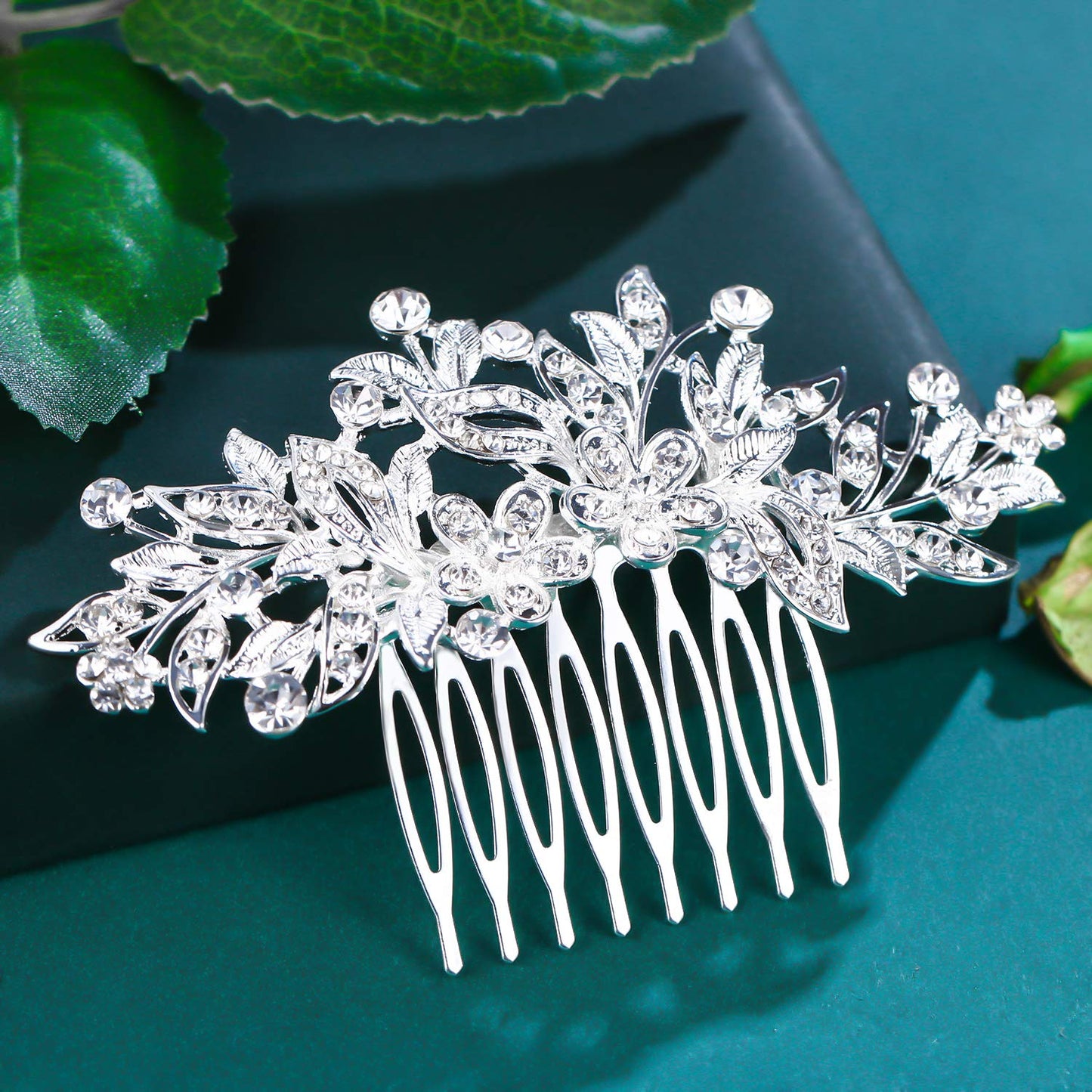 Elegant Bridal Hair Comb – Crystals, Flowers and Leaves, Silver Color