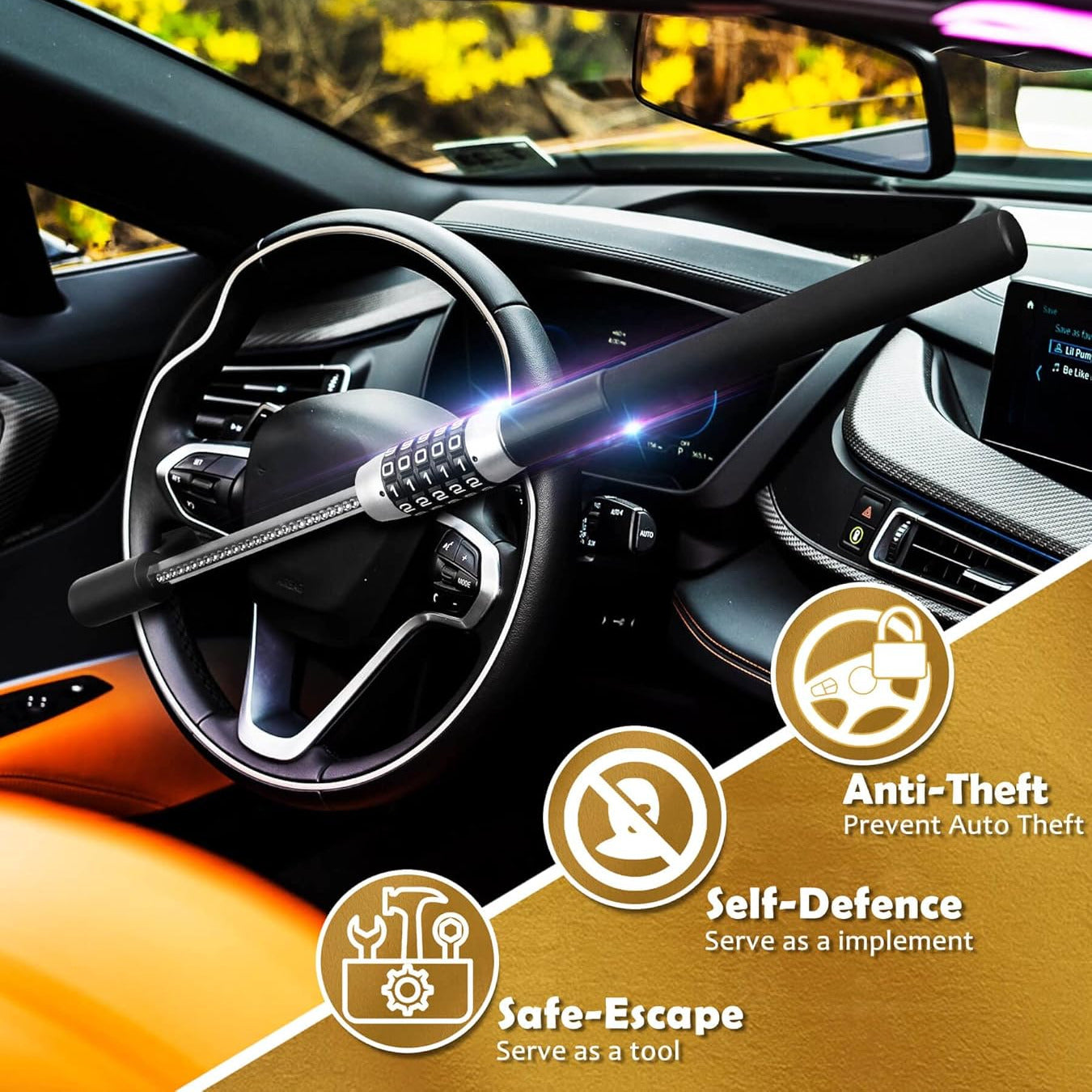 Universal steering wheel lock – anti-theft with numeric code, black color