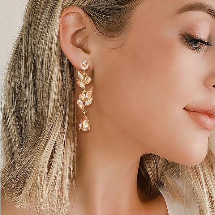 Elegant Earrings with Leaf Motif and Crystals – Art Deco Style, Transparent White, Gold Colored