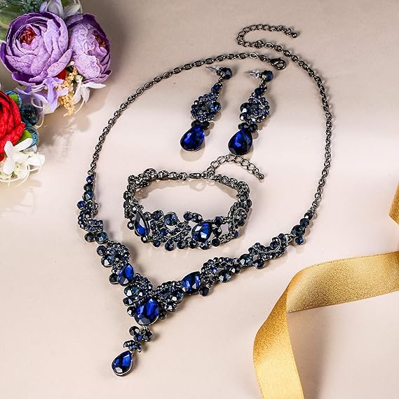 Set elegant de bijuterii – Colier, cercei, brățară și inel reglabil cu cristale albastre