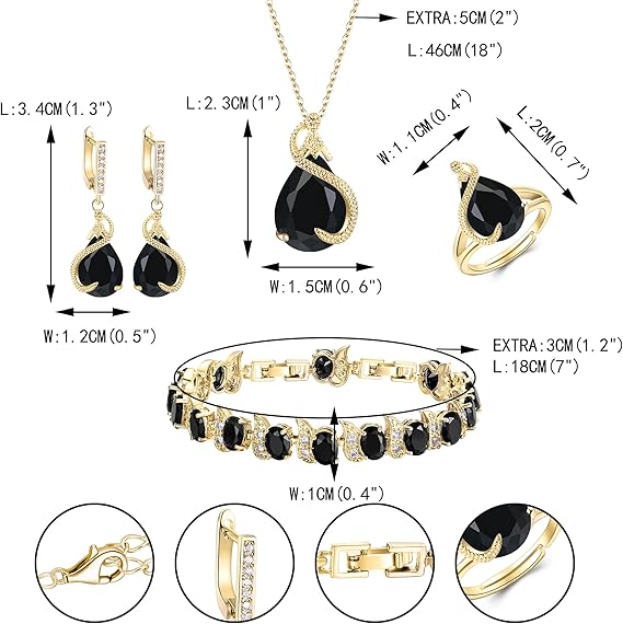 Set Glamour cu 4 Piese – Colier, Cercei, Brățară și Inel Deschis cu Zirconiu, Negru & Auriu, pentru Nuntă sau Petrecere