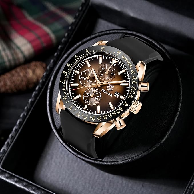BENYAR men's watch - quartz chronograph, date display, waterproof, gold steel case, black silicone strap