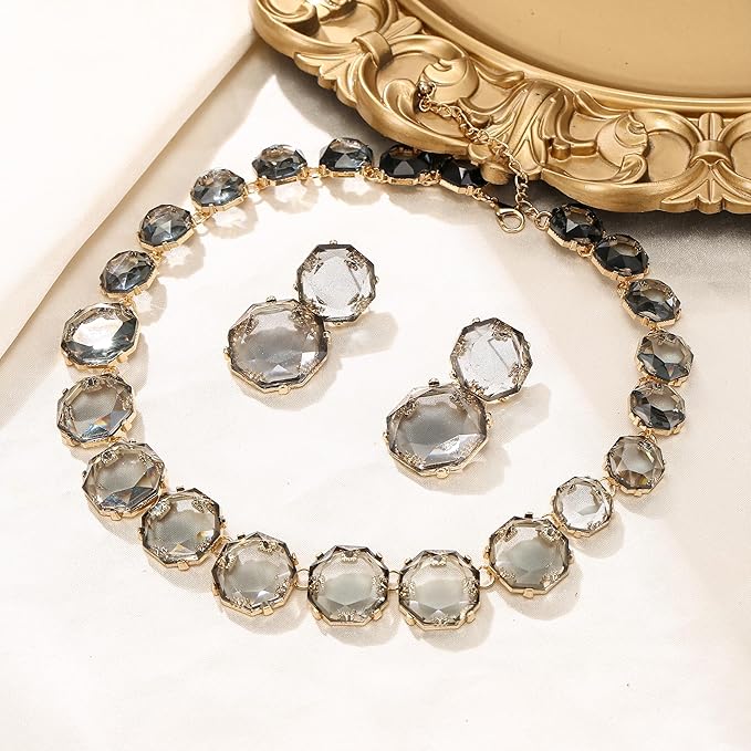 Set Colier tip Choker și Cercei asortati - Cristale Rotunde, Stil Boho Art Deco