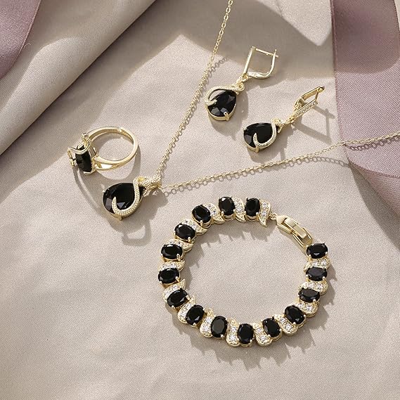 Set Glamour cu 4 Piese – Colier, Cercei, Brățară și Inel Deschis cu Zirconiu, Negru & Auriu, pentru Nuntă sau Petrecere