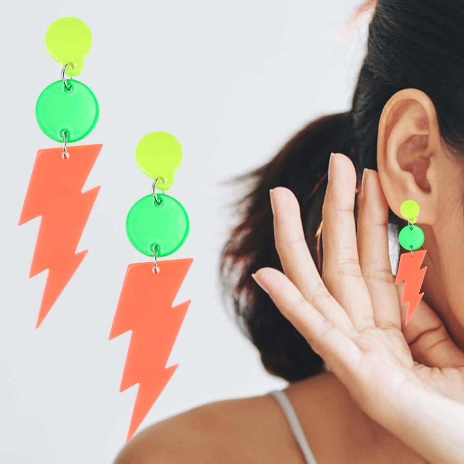 2 pairs of neon earrings, 80s-90s style, colorful accessories for theme party, carnival or fancy dress party