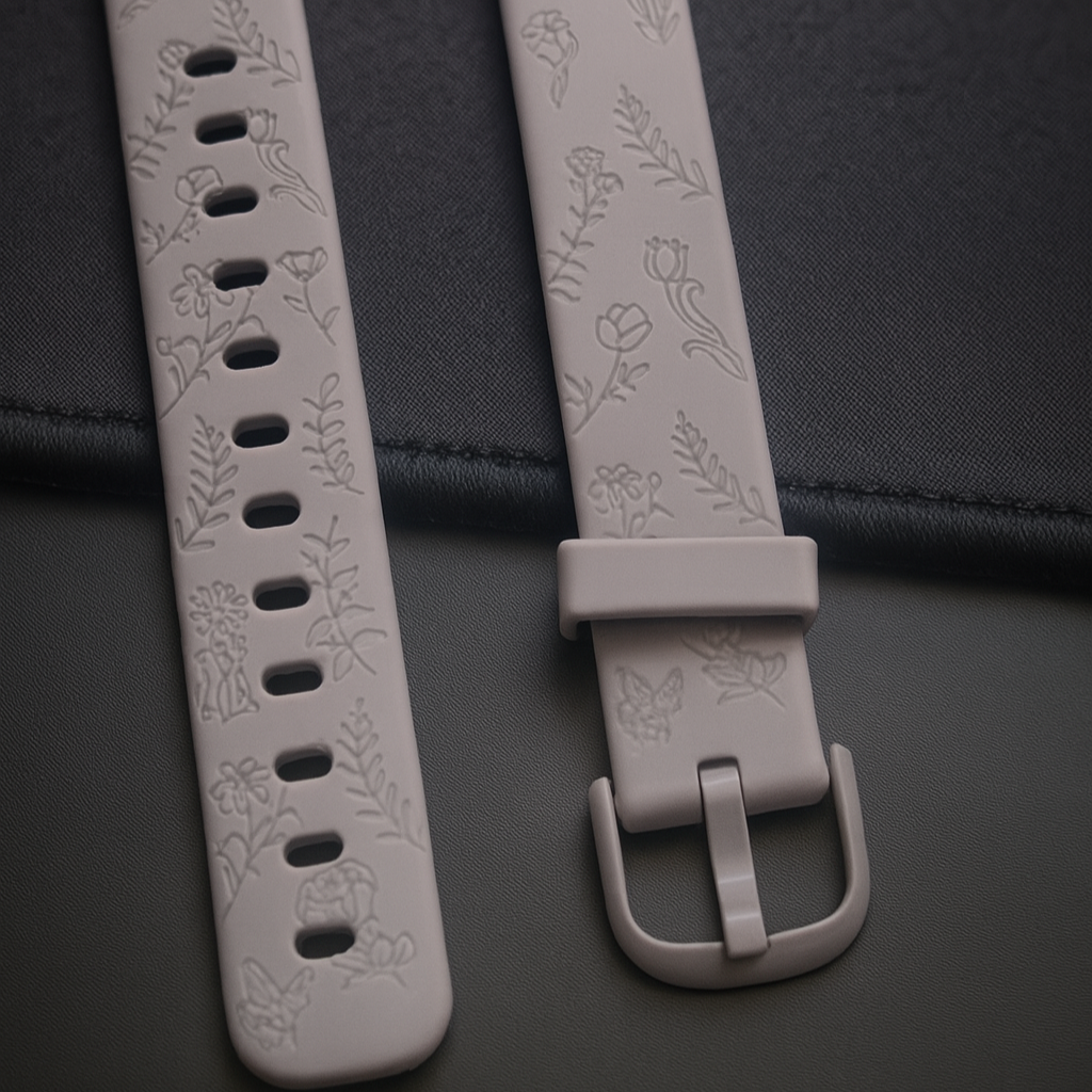 Soft silicone watch strap with engraved flowers - compatible with Fitbit Luxe, size S, color taro purple, for women