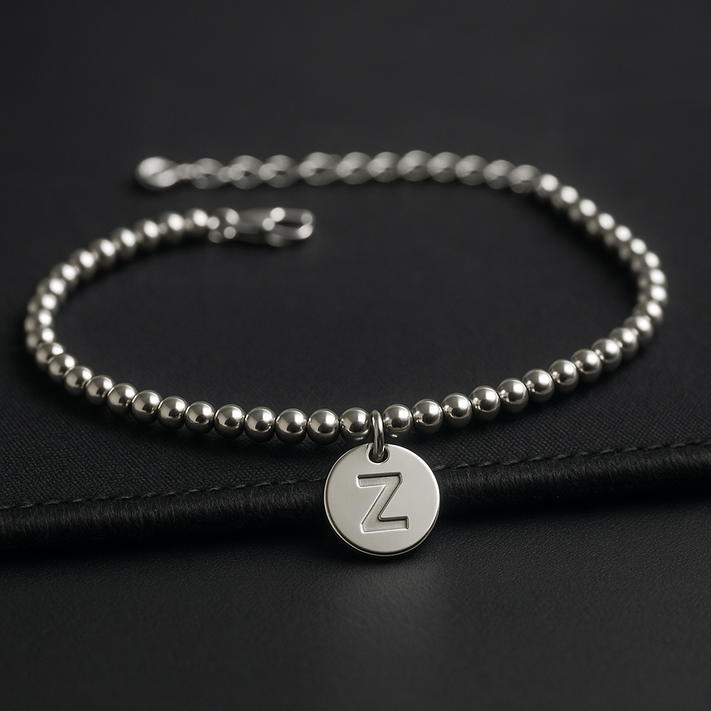 Stainless Steel Bracelet with Central Initial - Silver Tone, Adjustable Length
