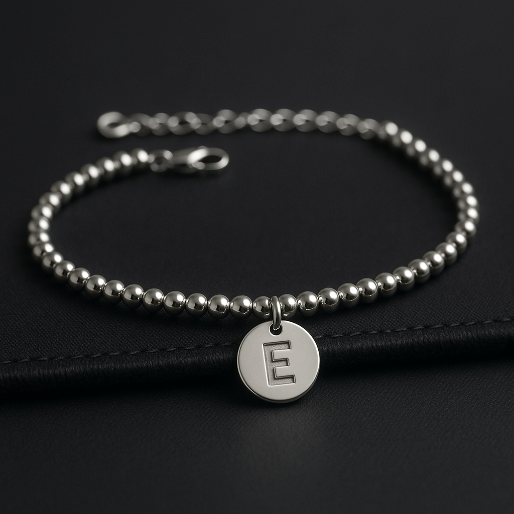 Stainless Steel Bracelet with Central Initial - Silver Tone, Adjustable Length