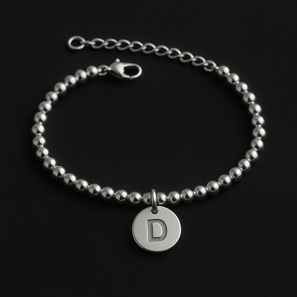 Stainless Steel Bracelet with Central Initial - Silver Tone, Adjustable Length