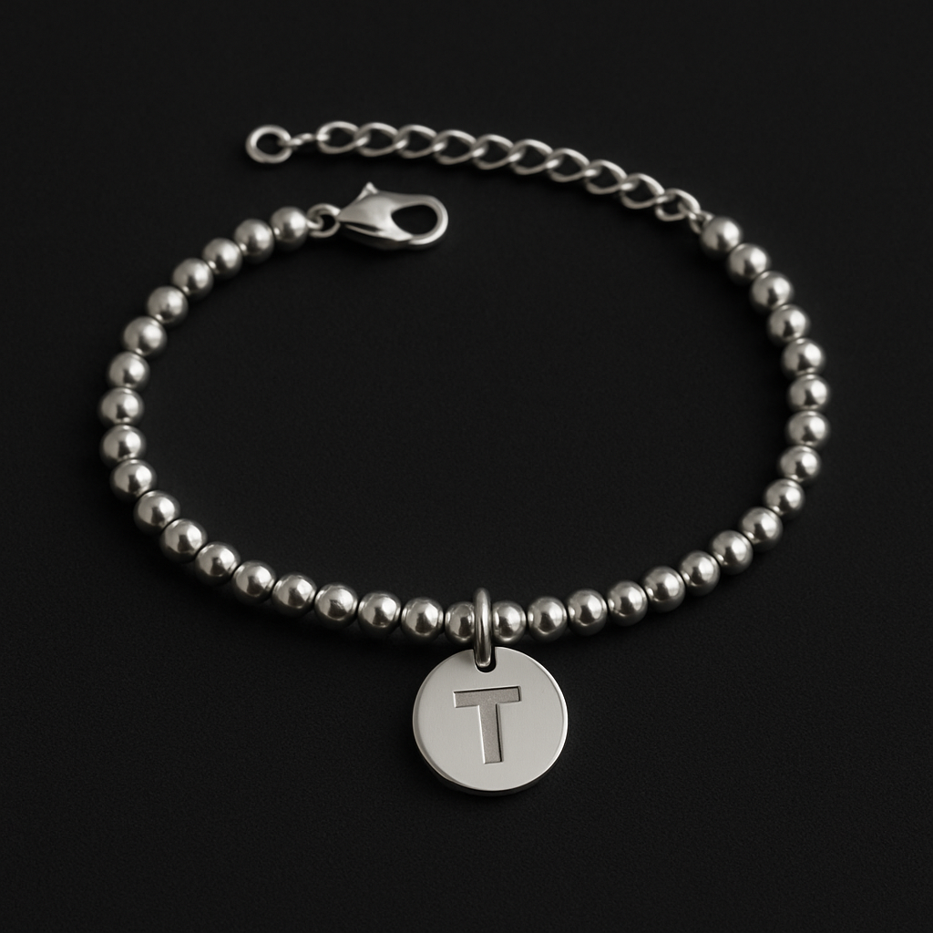 Stainless Steel Bracelet with Central Initial - Silver Tone, Adjustable Length