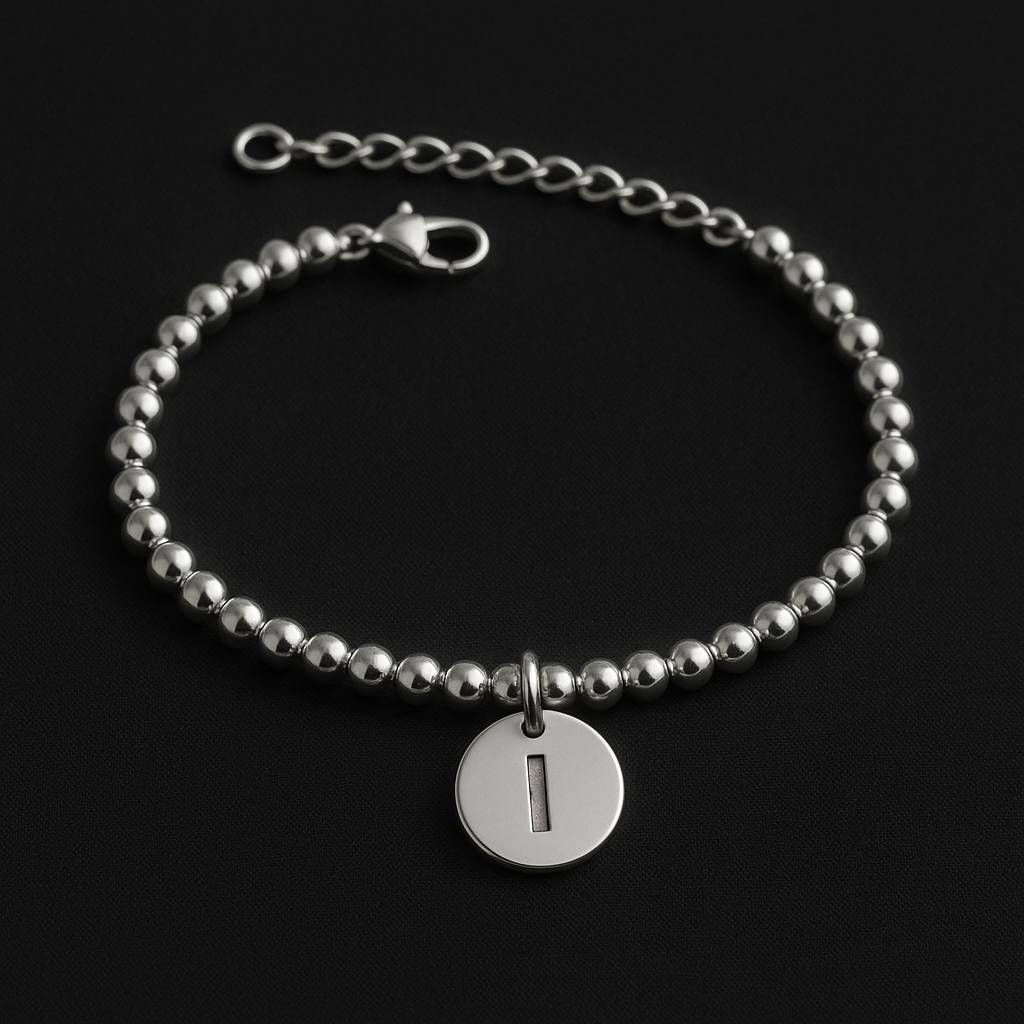 Stainless Steel Bracelet with Central Initial - Silver Tone, Adjustable Length