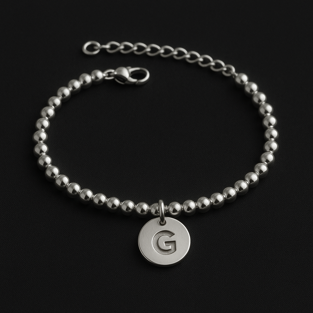 Stainless Steel Bracelet with Central Initial - Silver Tone, Adjustable Length