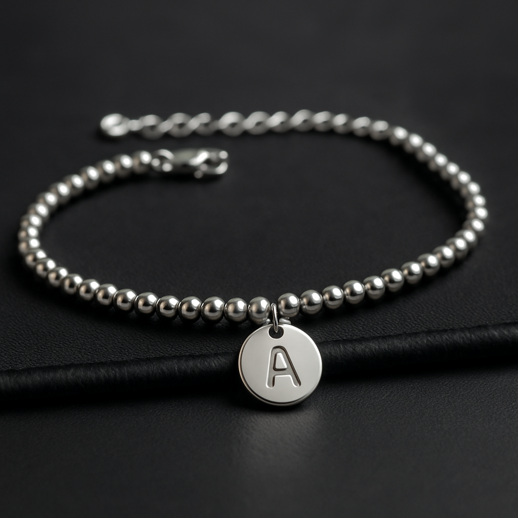 Stainless Steel Bracelet with Central Initial - Silver Tone, Adjustable Length