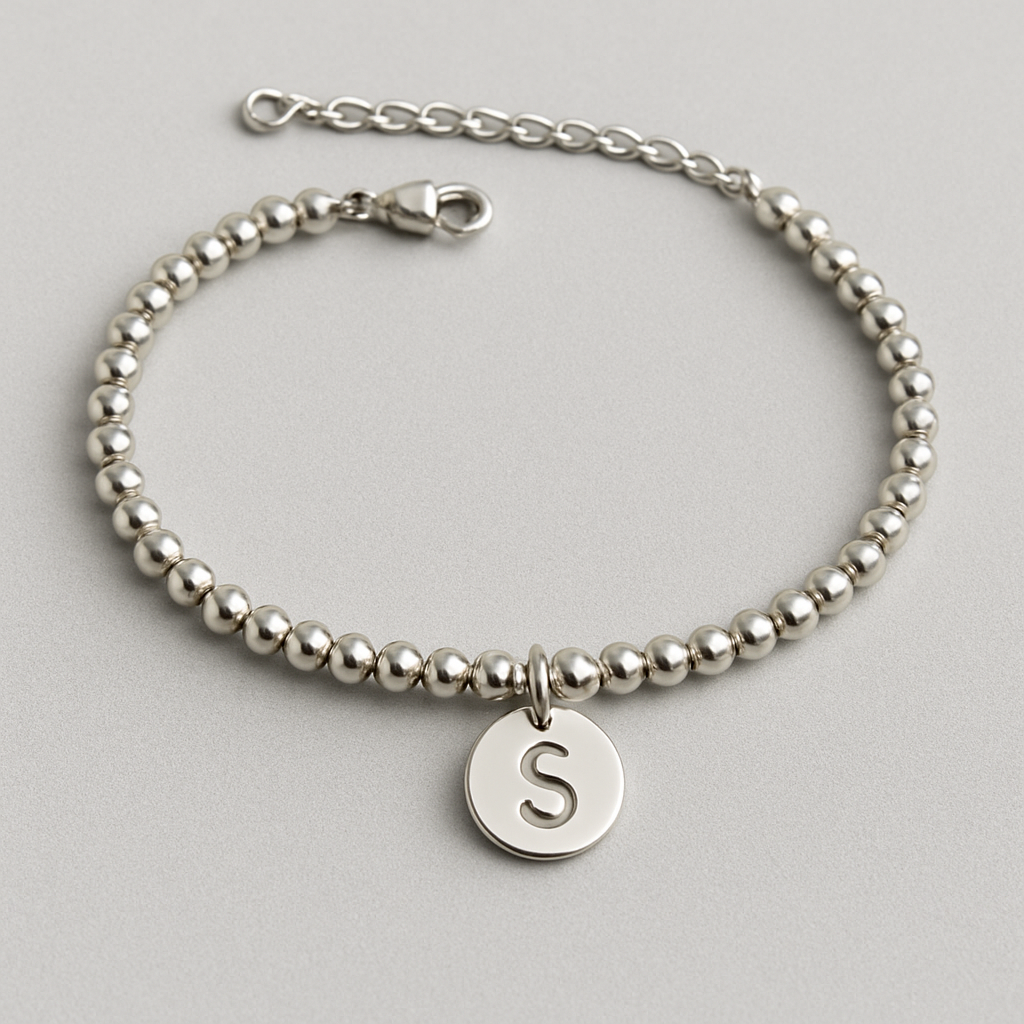 Stainless Steel Bracelet with Central Initial - Silver Tone, Adjustable Length