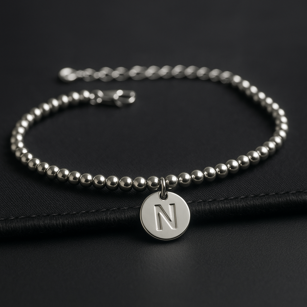 Stainless Steel Bracelet with Central Initial - Silver Tone, Adjustable Length