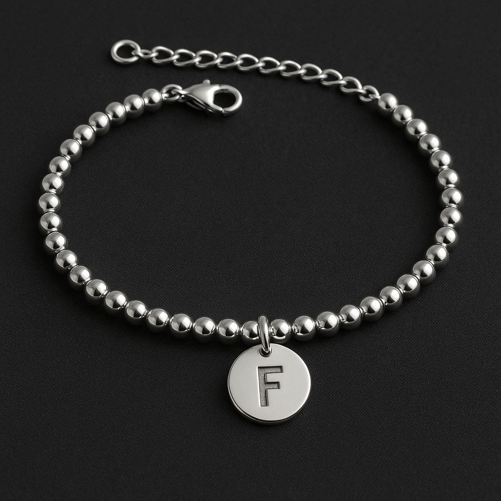 Stainless Steel Bracelet with Central Initial - Silver Tone, Adjustable Length