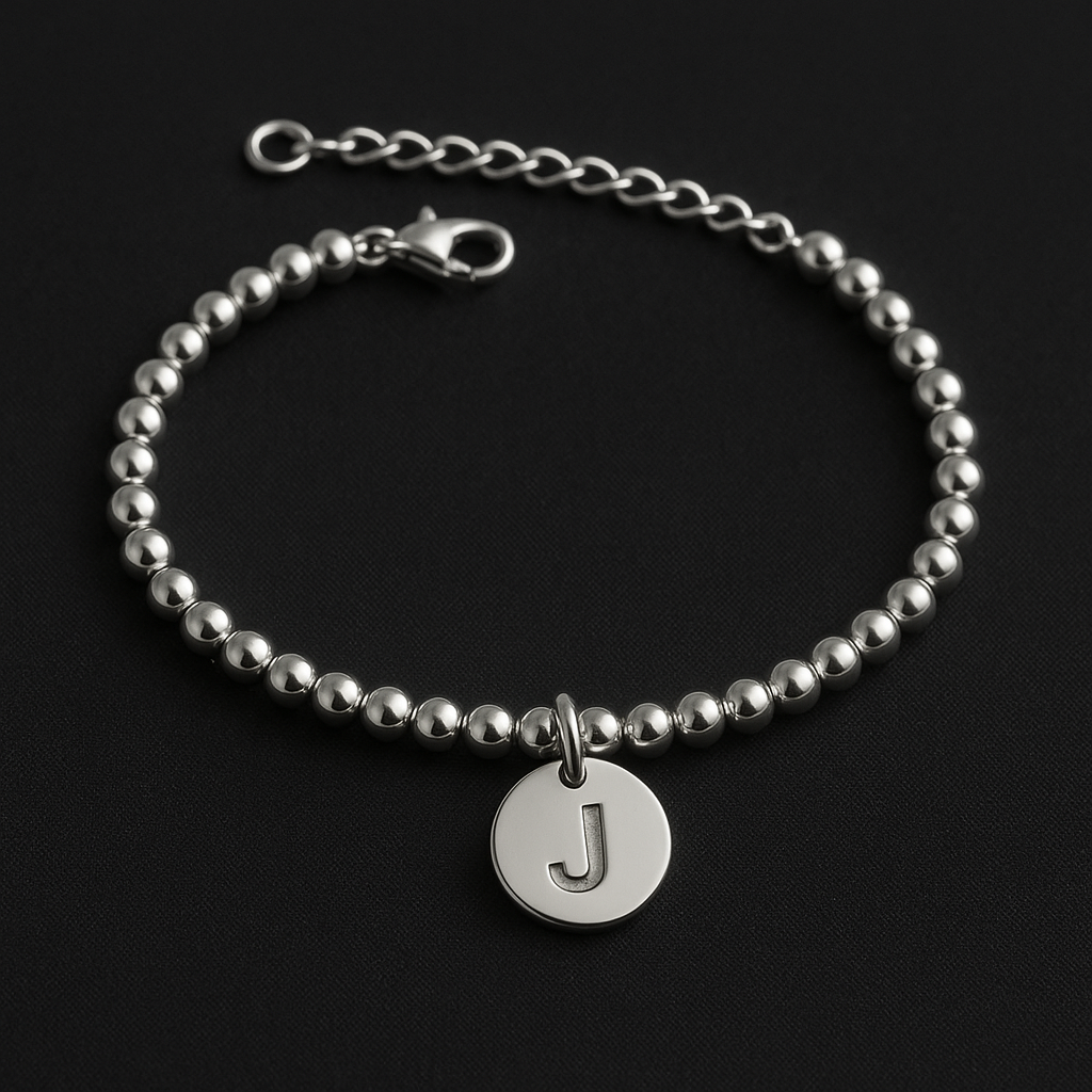 Stainless Steel Bracelet with Central Initial - Silver Tone, Adjustable Length