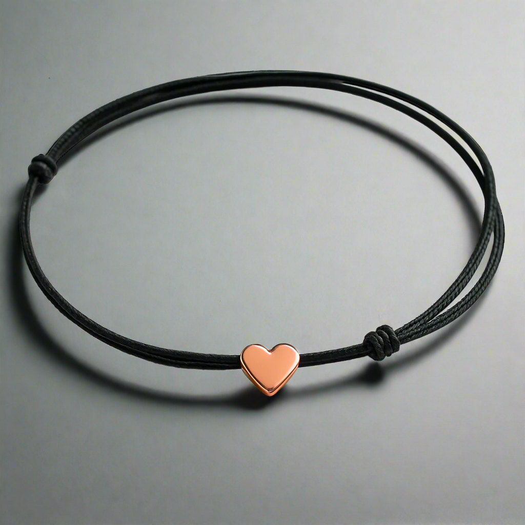 Foot Bracelet with Black Cord and Heart – Rose Gold Colored