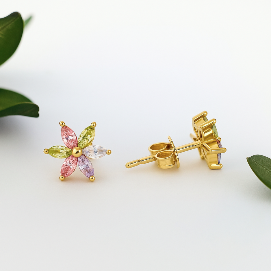 8k Gold Stud Earrings with Multicolor Zirconia Crystals