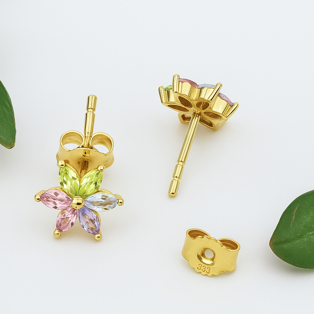 8k Gold Stud Earrings with Multicolor Zirconia Crystals