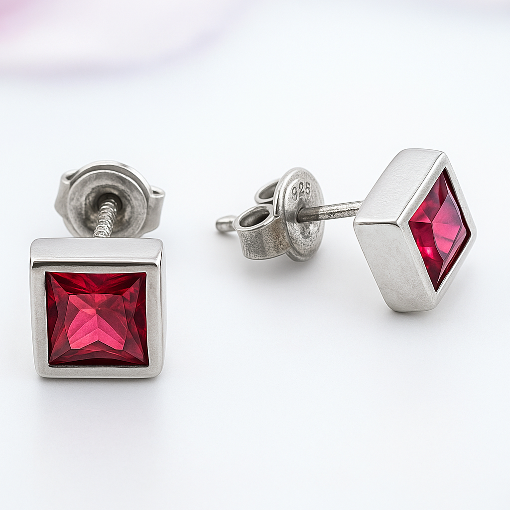 925 Silver Stud Earrings with Red Crystals