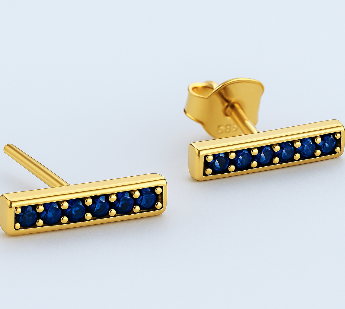 14k Gold Stud Earrings with Blue Crystals