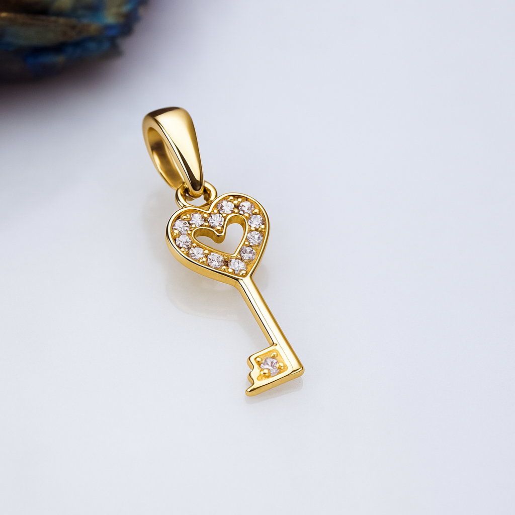 14K Gold Pendant – Key with Heart and Crystals