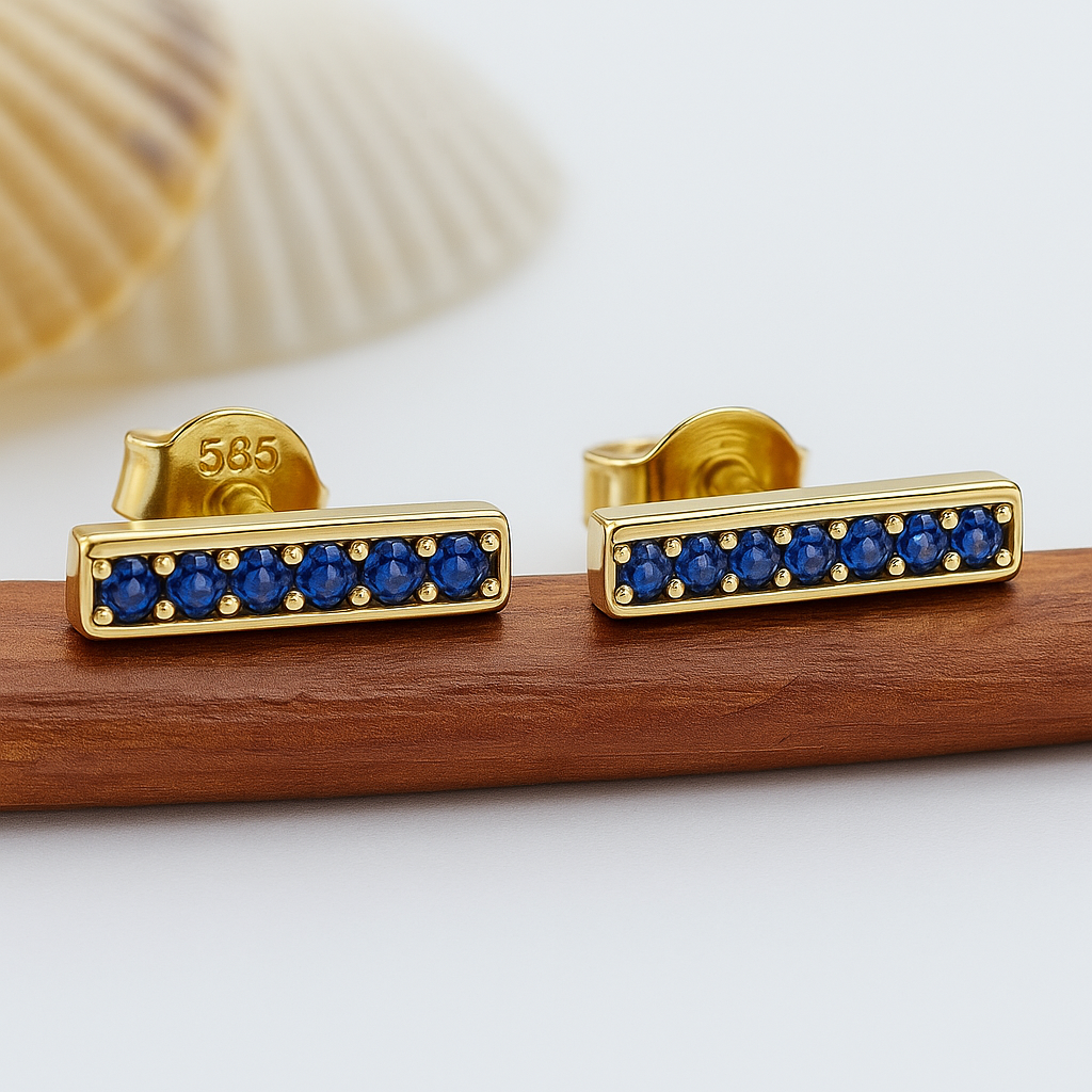 14k Gold Stud Earrings with Blue Crystals