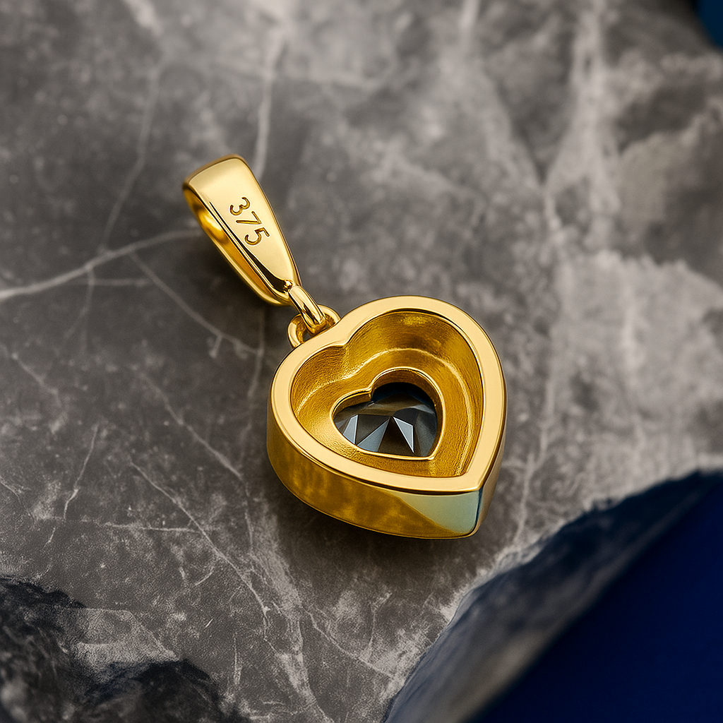 9k Gold Pendant – Heart-shaped Model with Blue Zirconia Crystals