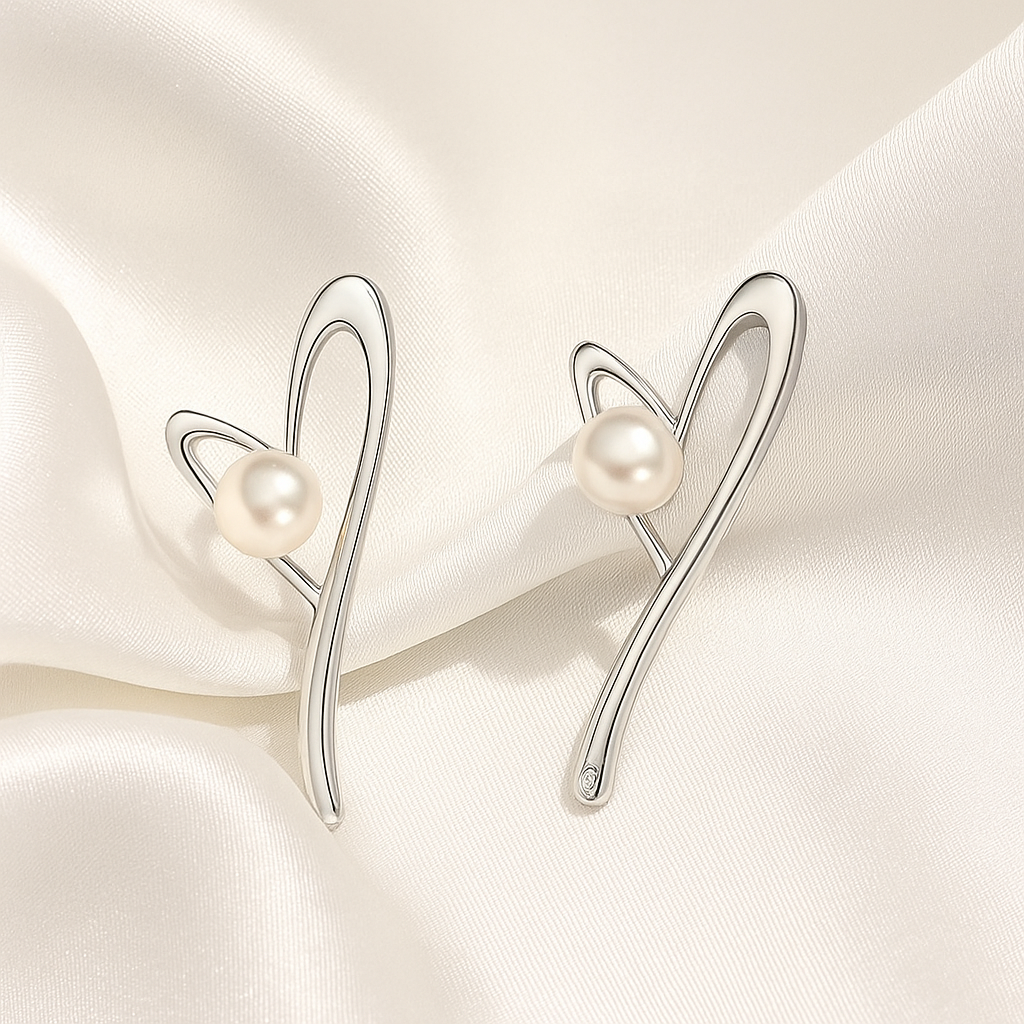 925 Silver Earrings - Heart Design with Faux Pearl & Zirconia
