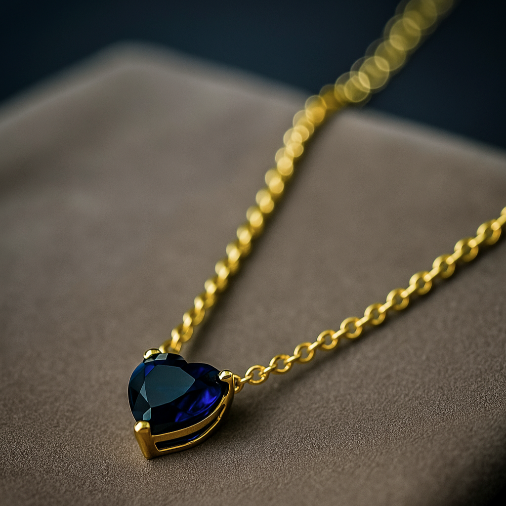 Women's Necklace with Heart Pendant - Gold Plated, Blue Sapphire Zirconia Crystal