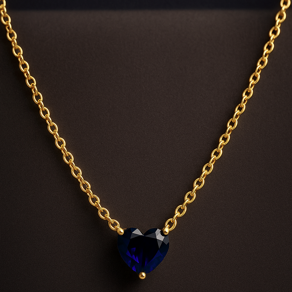 Women's Necklace with Heart Pendant - Gold Plated, Blue Sapphire Zirconia Crystal