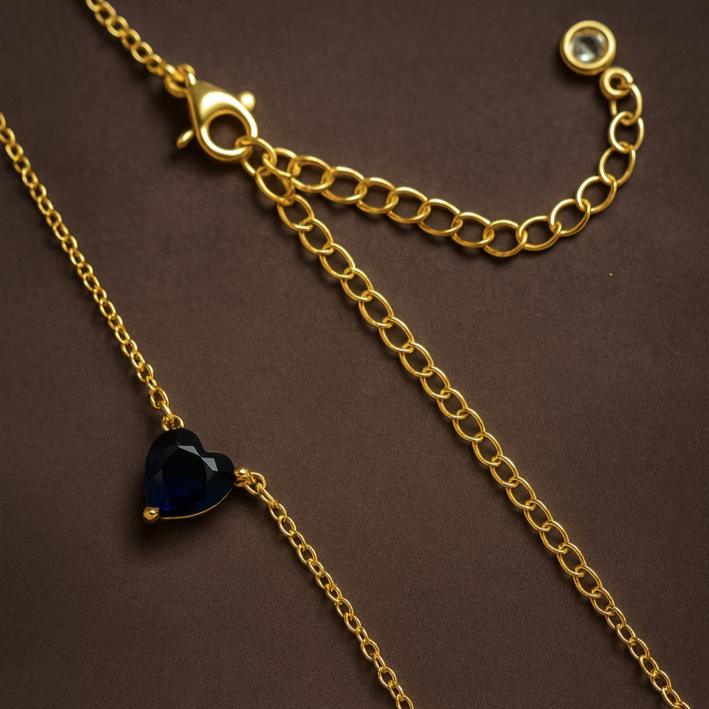 Women's Necklace with Heart Pendant - Gold Plated, Blue Sapphire Zirconia Crystal
