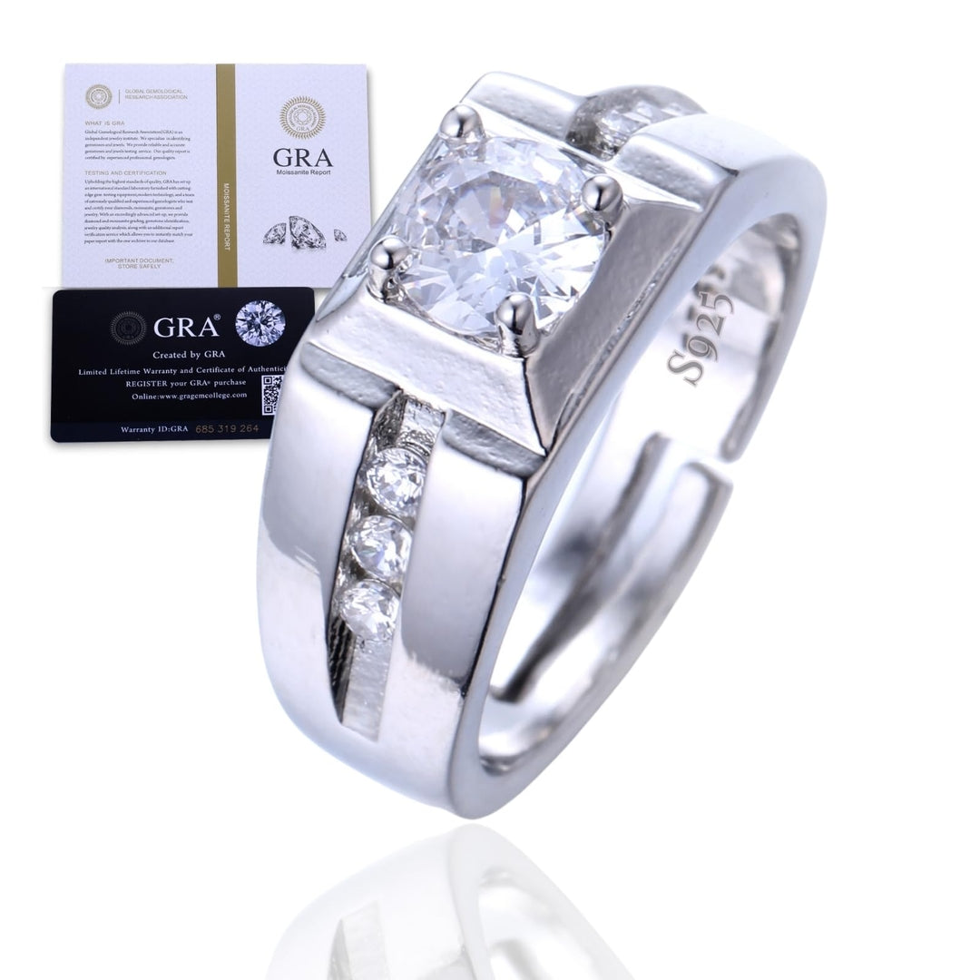 Men's Ring with 1 ct Moissanite - 925 Sterling Silver with Platinum Plating, GRA Certificate, Adjustable Size